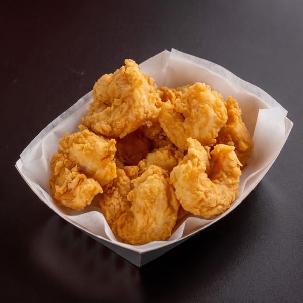 A white paper tray filled with golden-brown fried shrimp, against a dark background.