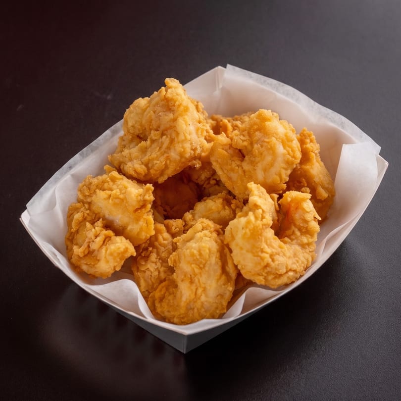 A white paper tray filled with golden-brown fried shrimp, against a dark background.